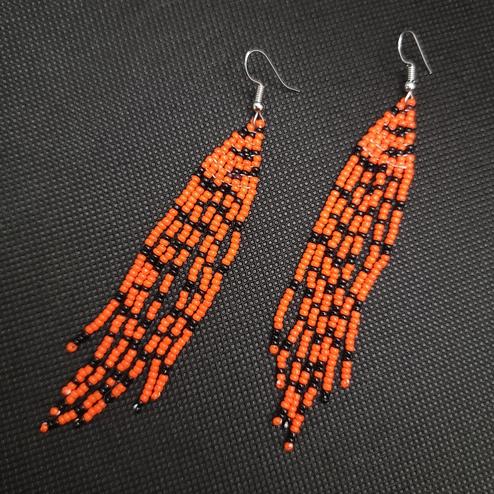 Handmade Long Beaded Tassel Fringe Drop Earrings Orange and Black Seed Bead